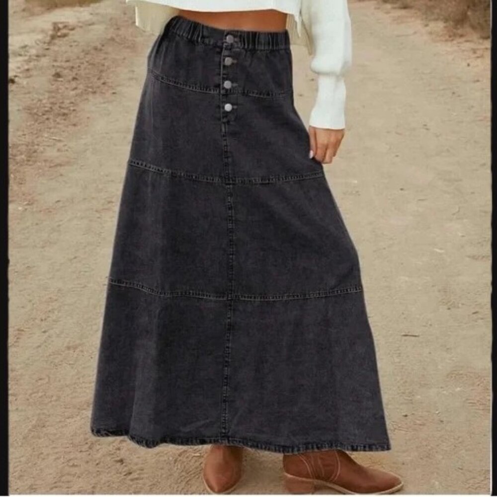 Denim Maxi Skirt Elastic High Waist Tiered A Line Long Jean Skirt Y2k Western - Picture 3 of 3